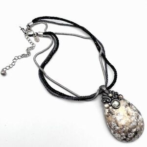 Chico’s marbled rhinestone beaded corded layered silvertone necklace pendant